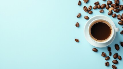 Leinwandbilder - A warm good morning greeting sits beside a cup of coffee, surrounded by scattered coffee beans on a calming light blue surface. Generative AI