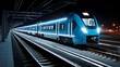 © Maksym - A modern blue train awaits passengers at the station under the night sky in a bustling city