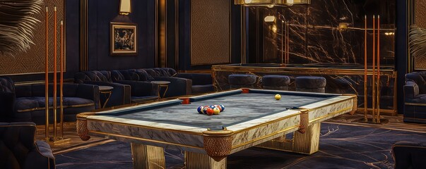 An opulent game room with a marble pool table, gold cue stands, and velvet spectator seating A sophisticated spot for leisure and entertainment