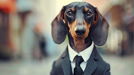 Wall Mural - A dog dressed in a suit, looking sophisticated in an urban setting.