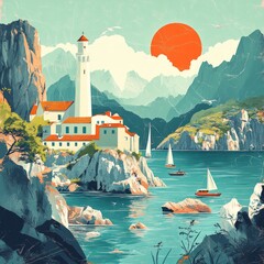 A scenic landscape featuring a coastal village with a lighthouse, boats sailing on a turquoise sea, and a red sun setting behind mountains.