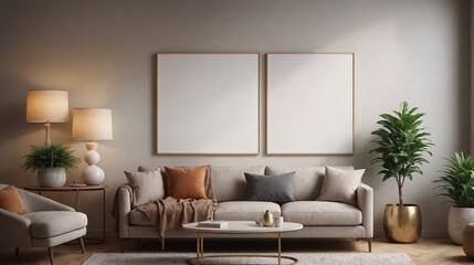 living room interior design mockup template with empty photo frame on walls.