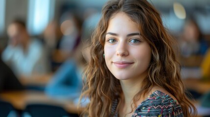 Beautiful young woman student, showcasing confidence and intellect, in a university classroom, prepared for her studies