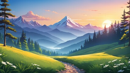 A serene mountain landscape at sunset with a winding path and lush greenery.