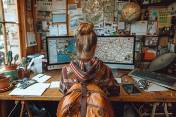 Young traveler researching destinations on a computer in a quaint, cluttered workspace