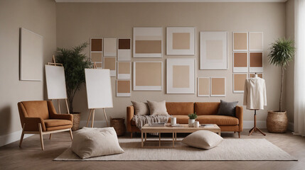 Wall Mural - A concept image of a living room interior design mockup template, high-resolution living area with furniture 3d illustration interior rendering.