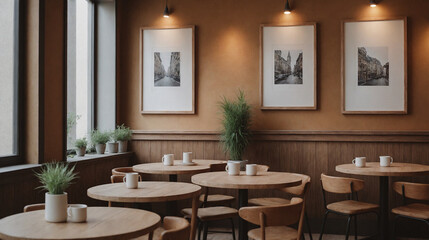 Wall Mural - A concept image of a coffee restaurant interior design mockup template, high-resolution 3d illustration interior rendering.