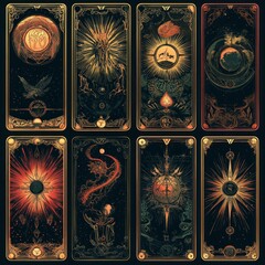 A set of eight vintage-style tarot cards with intricate designs, featuring celestial symbols and mythical creatures.