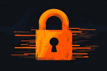 Vibrant orange lock icon with glitch effect displayed on a dark background symbolizing cybersecurity online protection and secure digital networks in a futuristic tech environment