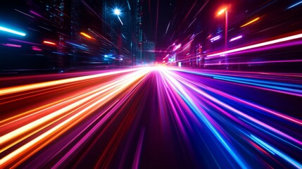 Bright and vibrant light trails streak through a high-tech environment at nighttime, showcasing the energy and movement of a bustling urban area. Colorful lights create a captivating spectacle