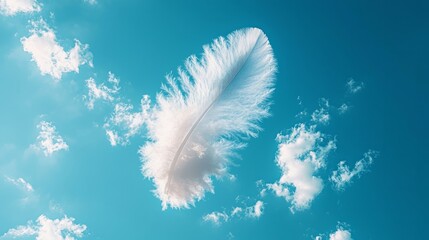 Canvas Print - A single white feather floats gently against a bright blue sky with puffy white clouds.