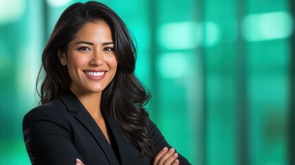 Canvas Print - hispanic smilingbusiness executive female, arms folded, background sage green gradient 