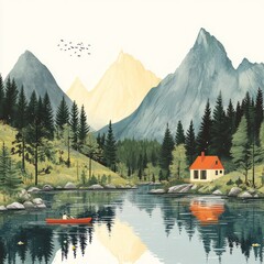 Canvas Print - A small cabin sits by a lake in the mountains with a couple in a canoe.