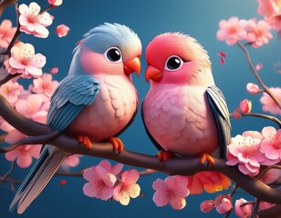 Sticker - Beautiful Pair of Lovebirds on a Brand with Cherry Blossoms