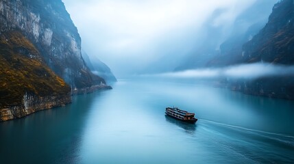 A lone boat travels through a misty canyon, creating a sense of serenity and mystery.