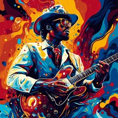 A stylish man playing a guitar in front of a colorful abstract background.