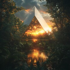 Wall Mural - A triangular prism stands in a forest reflecting the sunset over a calm river.