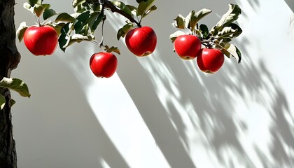 Red apples on a tree casting shadows on a white wall