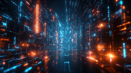 Digital data stream with glowing binary code in blue and orange colors, creating a sense of fast-paced technology. Concept: Data transmission and coding.