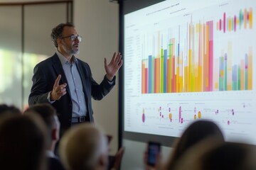 Aufkleber - An expert confidently delivers a presentation at a conference, showcasing vibrant charts and graphs to an attentive audience. Generative AI