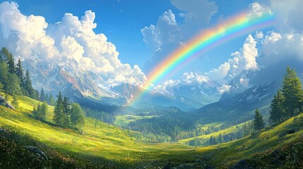 Canvas Print - A vibrant landscape featuring mountains, greenery, and a rainbow.