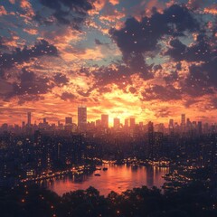 Wall Mural - A vibrant sunset paints the sky above a city skyline, with twinkling lights reflecting in the water.