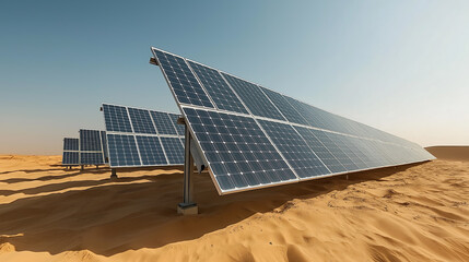 Solar power plant in the middle of the desert, solar panels in the desert, clean sustainable energy