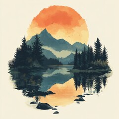 Canvas Print - A watercolor illustration of a mountain lake with a sunset sky and trees reflected in the water.