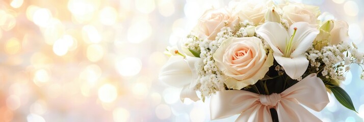 Aufkleber - This exquisite bouquet features white roses and lilies elegantly tied with a silk ribbon, creating a serene and delicate display. Generative AI