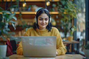 Wall Mural - Indian female manager working remotely with partners online.