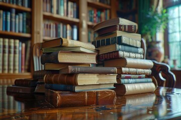 Stack of books on the table in library