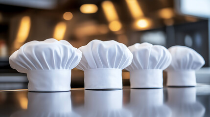 Chef hats neatly arranged on a table in a row, ready for a culinary adventure