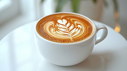 Sticker - A white cup of latte with a flower-shaped foam art on top.