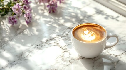 Sticker - A white cup of latte art coffee with floral decoration on a marble table in sunlight.