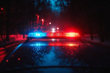 Close up view of a red blue light flasher on top of a police car on a road at night.