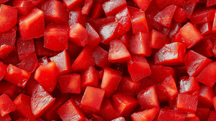 a close-up, top-down view of diced tomatoes spread across the entire frame, filling the image with their vibrant red color and juicy texture in uniform cubes