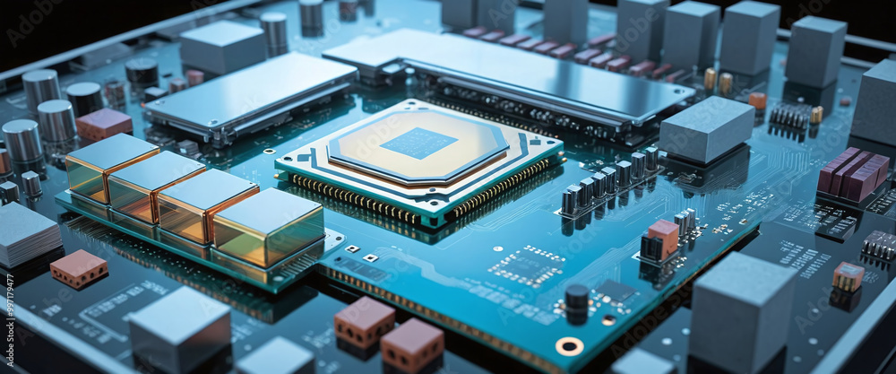 Illustrative color illustration of a close-up of a computer processor ...