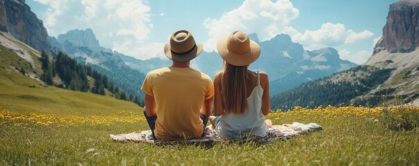 A couple enjoys a scenic mountain view, relaxing on a blanket surrounded by flowers under a bright blue sky.