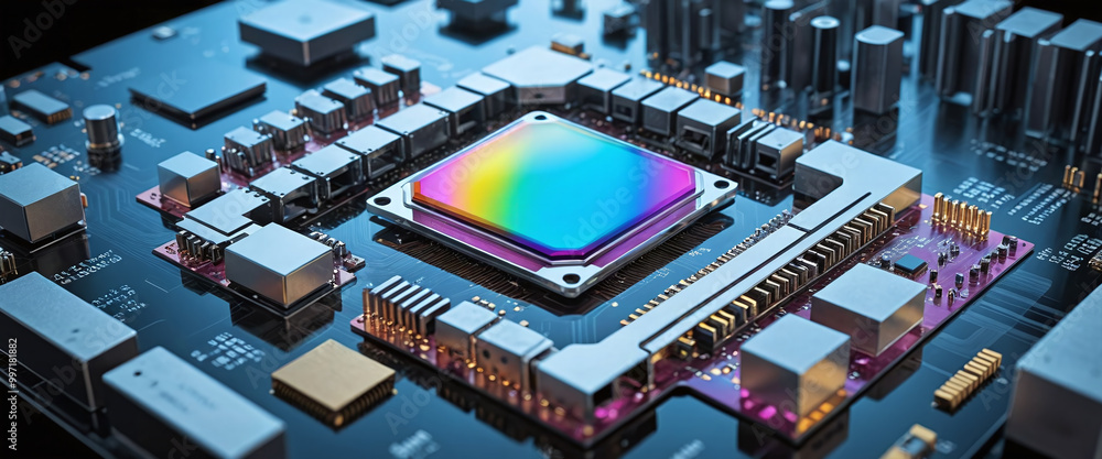 Illustrative color illustration of a close-up of a computer processor ...