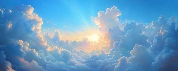 A serene view of fluffy clouds illuminated by warm sunlight, creating a peaceful and uplifting atmosphere in the sky.