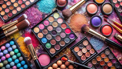 Makeup brushes on background with colorful powder. Make-up background