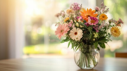 Poster - A stunning bouquet featuring assorted flowers in a glass vase, brightening up a light wood table in a warmly lit space. Generative AI