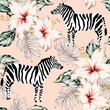 © ojardin - Tropical zebra, hibiscus flowers, palm leaves, blush pink background. Vector seamless pattern. Jungle illustration. Exotic plants, animals. Summer floral design. Paradise nature