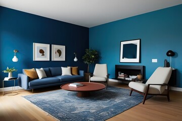 Wall Mural - Modern Empty Living Room with Blue Toned Walls and Minimal Furniture