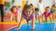 © Tatiana Sdvyzer - Energetic girl in colorful gymnastics class enthusiastically crawling on exercise mat with other children in the background, participating in fun physical activities and building motor skills.