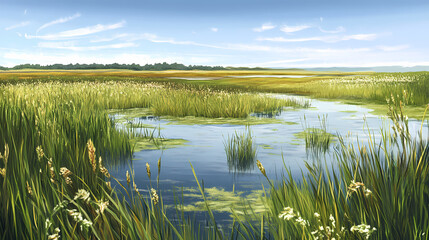 Salt meadow cordgrass salt hay native grass marsh marsh flood salt brackish spartina patens aquatic wetlands flowering plant sea marsh grass. Wetlands. Illustration