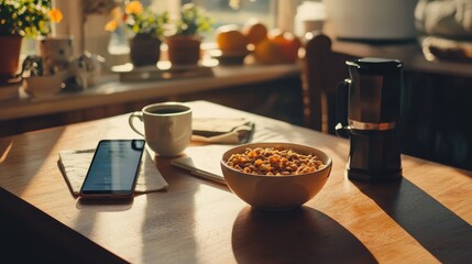 Wall Mural - Cozy Autumn Morning with Coffee and Cereal