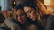 © Coppi AI - empathy and understanding: a woman supporting a friend, a serene image depicting a woman sitting beside a sad friend in a cozy living room, creating an atmosphere of compassion