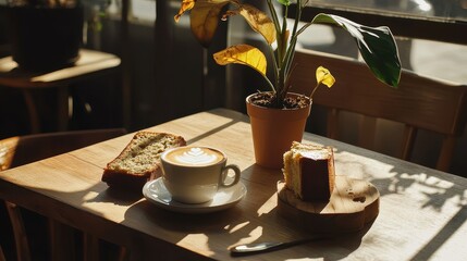 Wall Mural - Cozy Cafe Setting with Coffee, Cake, and Potted Plant