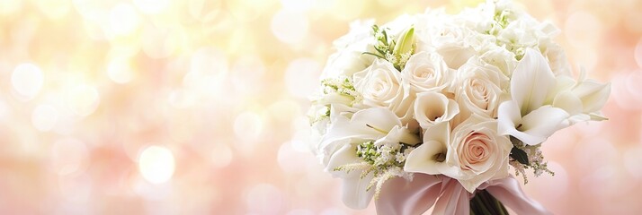 Aufkleber - This stunning bouquet features white roses and lilies elegantly tied with a silk ribbon, set against a dreamy pastel backdrop. Generative AI